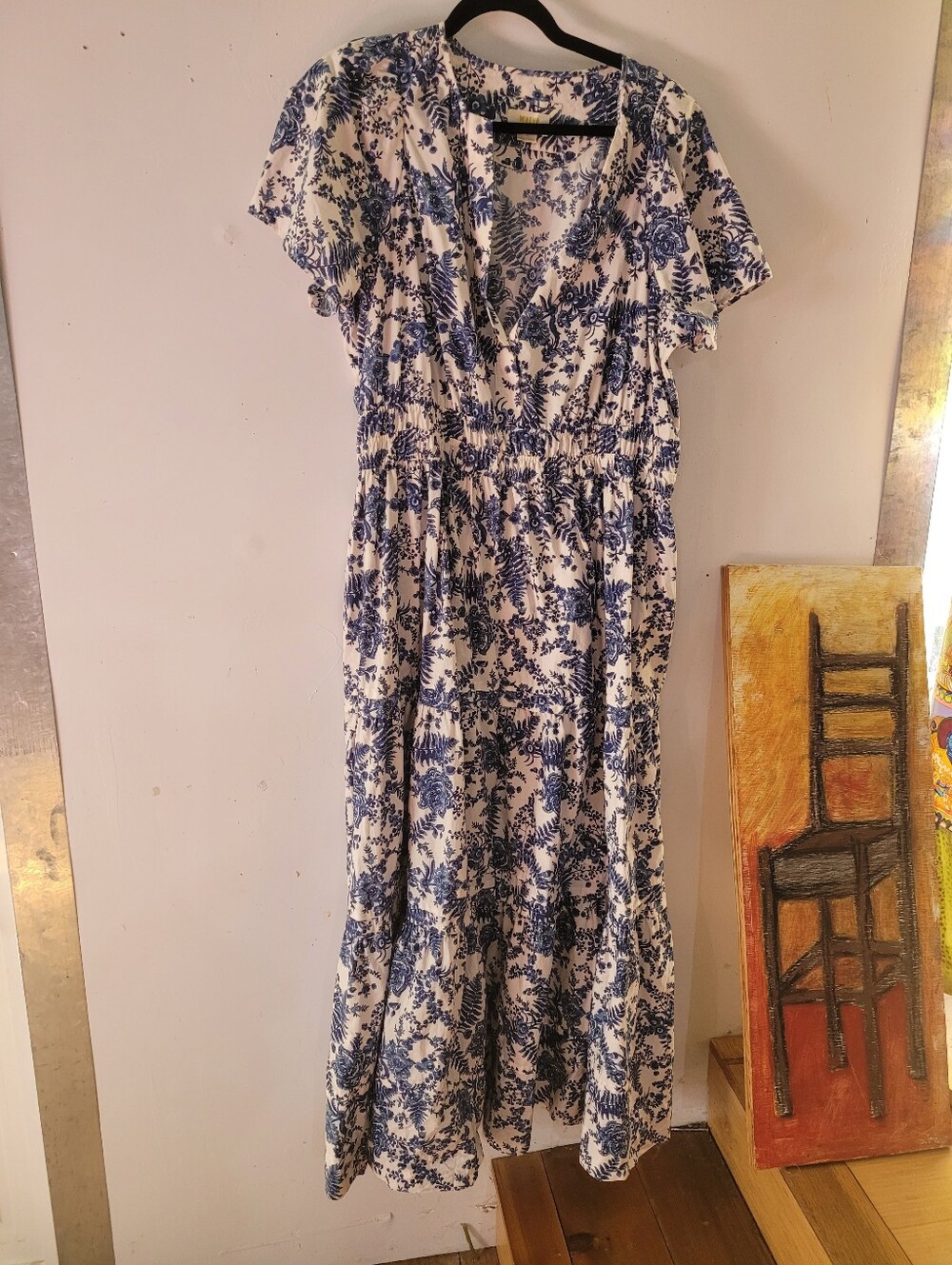 Maeve By Anthropologie 1X Somerset Maxi Dress Blue Print 100% Cotton - Picture 2 of 16